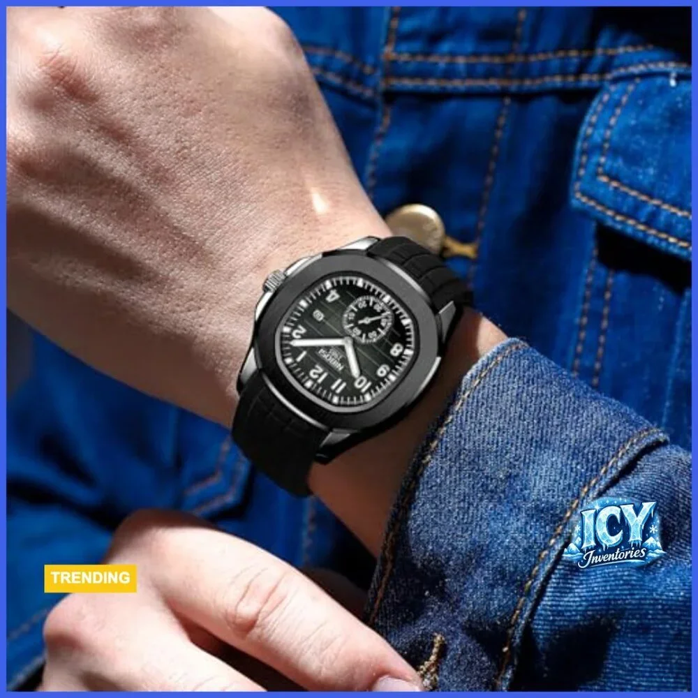 Analog Military Watch with Calendar Black Silicone Strap Waterproof